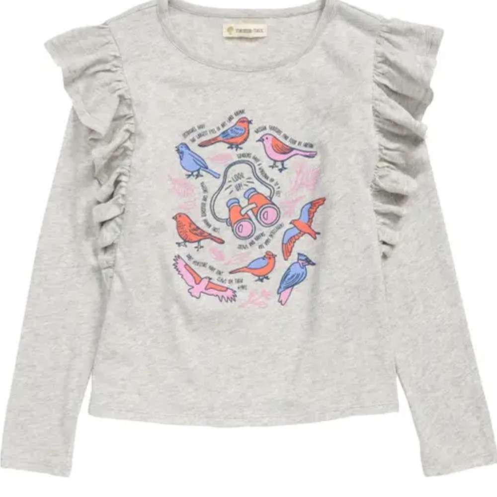 Tucked + Tate RUFFLE GRAPHIC TEE IN GREY HEATHER BIRDWATCHING